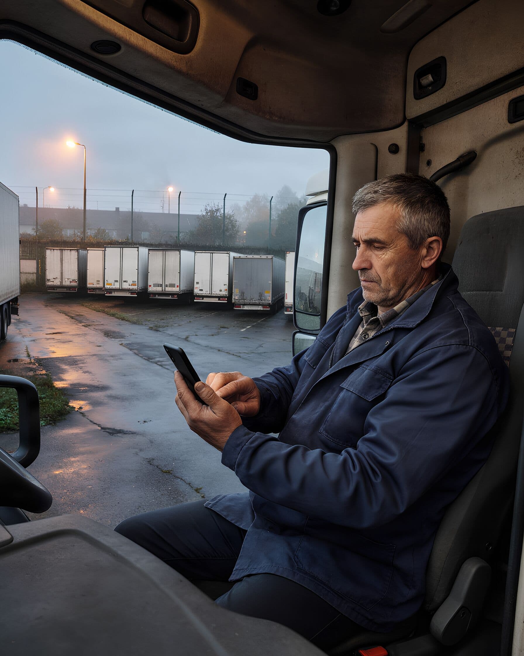 Ein Lkw-Fahrer tippt im Morgengrauen in der Kabine eine Nachricht.